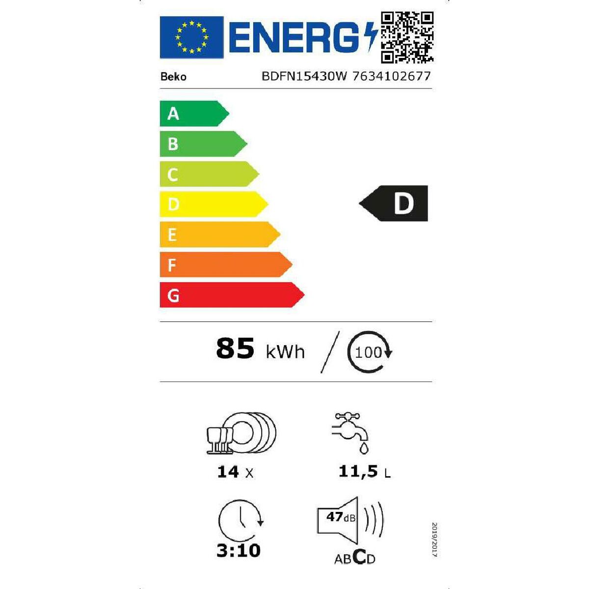 BEKO 洗碗机 BDFN15430W 11 L 60 cm 白色