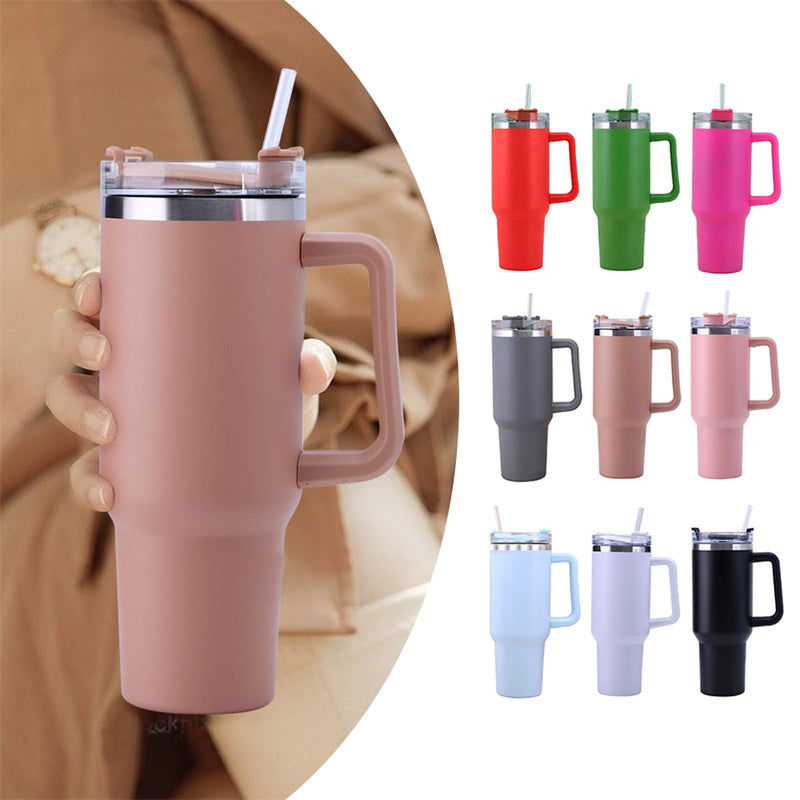 Tazza isolante per caffè in paglia da 40 once con manico Bottiglia d'acqua portatile in acciaio inossidabile per auto Grande capacità Tazza termica da viaggio senza BPA