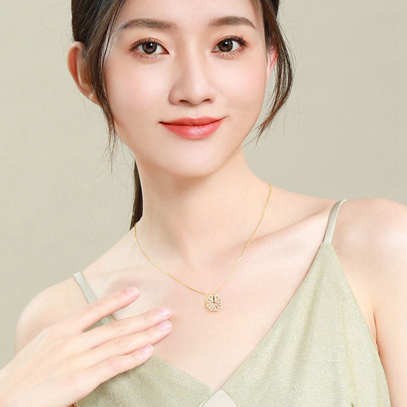 女式复古磁性折叠心形四叶草吊坠项链锁骨链可打开首饰