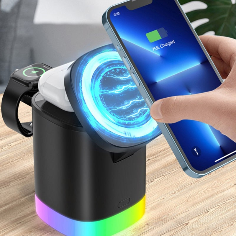 智能手机 RGB 环境光充电站 3 合 1 磁性无线快速充电器适用于 Airpods IWatch