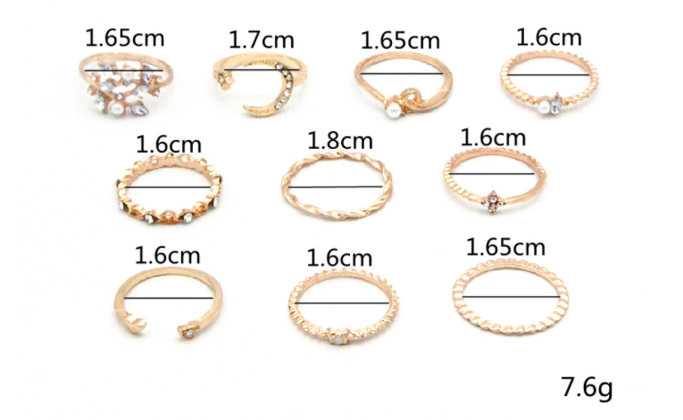 Anello da 10 pezzi Bohemian Fashion Star Moon Love Pearl Leaf