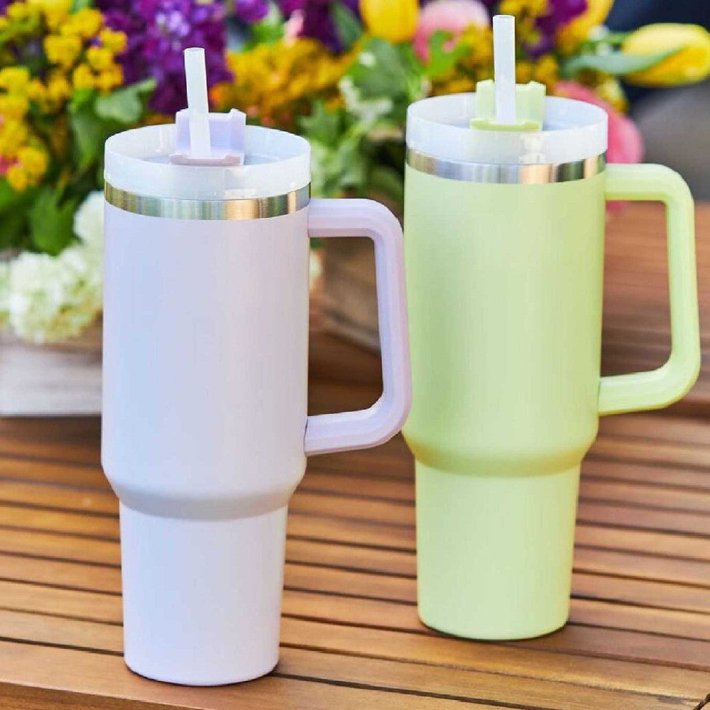 Tazza isolante per caffè in paglia da 40 once con manico Bottiglia d'acqua portatile in acciaio inossidabile per auto Grande capacità Tazza termica da viaggio senza BPA