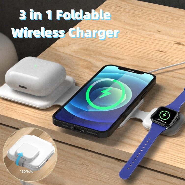 Stazione di ricarica per caricabatterie wireless pieghevole magnetica 3 in 1 Gadget per caricabatterie wireless per telefoni cellulari pieghevoli multi-dispositivo