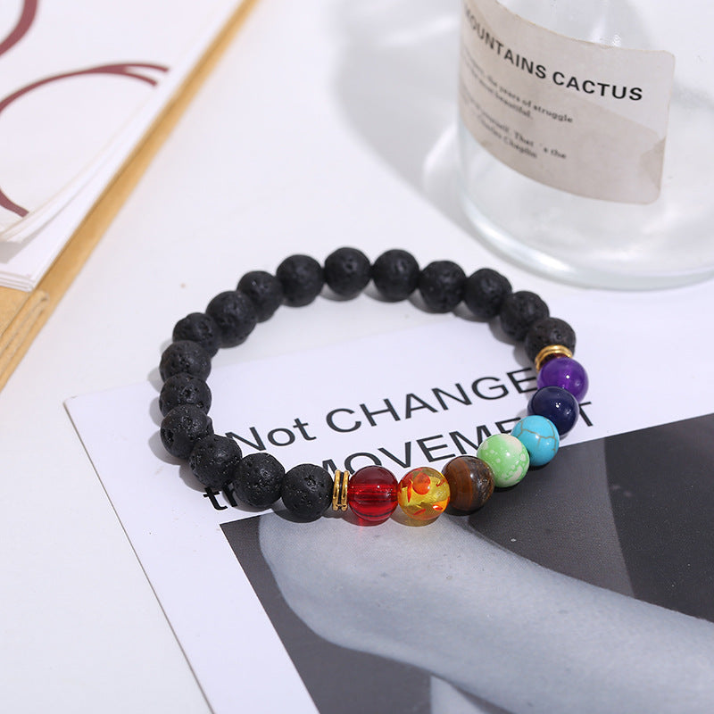 Braccialetto di perline di guarigione dell'equilibrio di guarigione dei sette chakra della lava nera fatto a mano