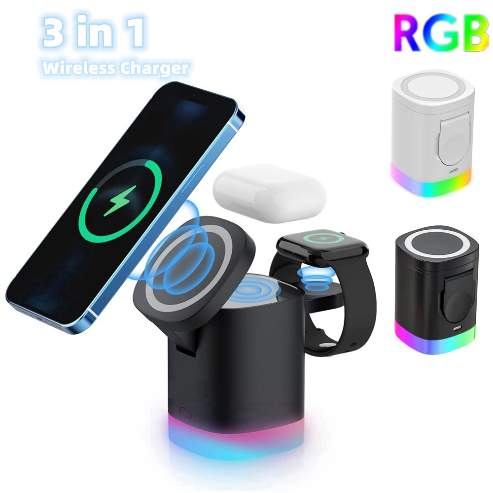 智能手机 RGB 环境光充电站 3 合 1 磁性无线快速充电器适用于 Airpods IWatch