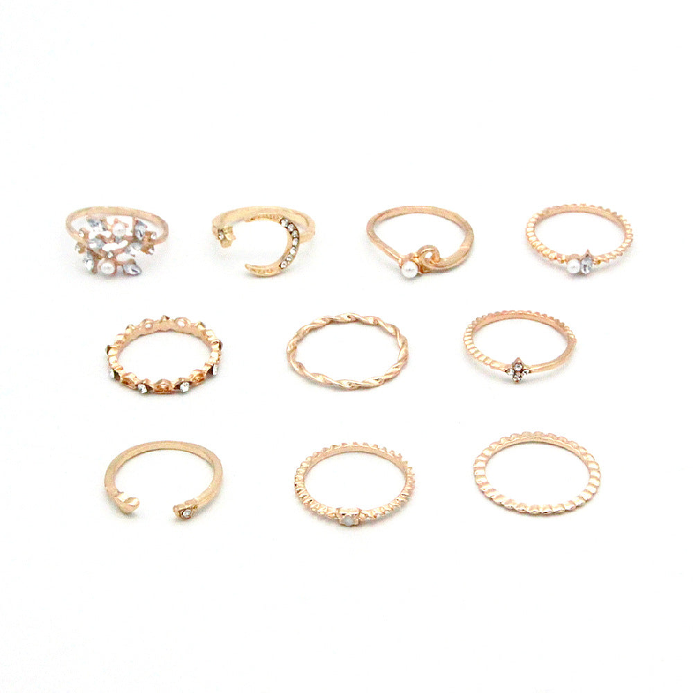 Anello da 10 pezzi Bohemian Fashion Star Moon Love Pearl Leaf