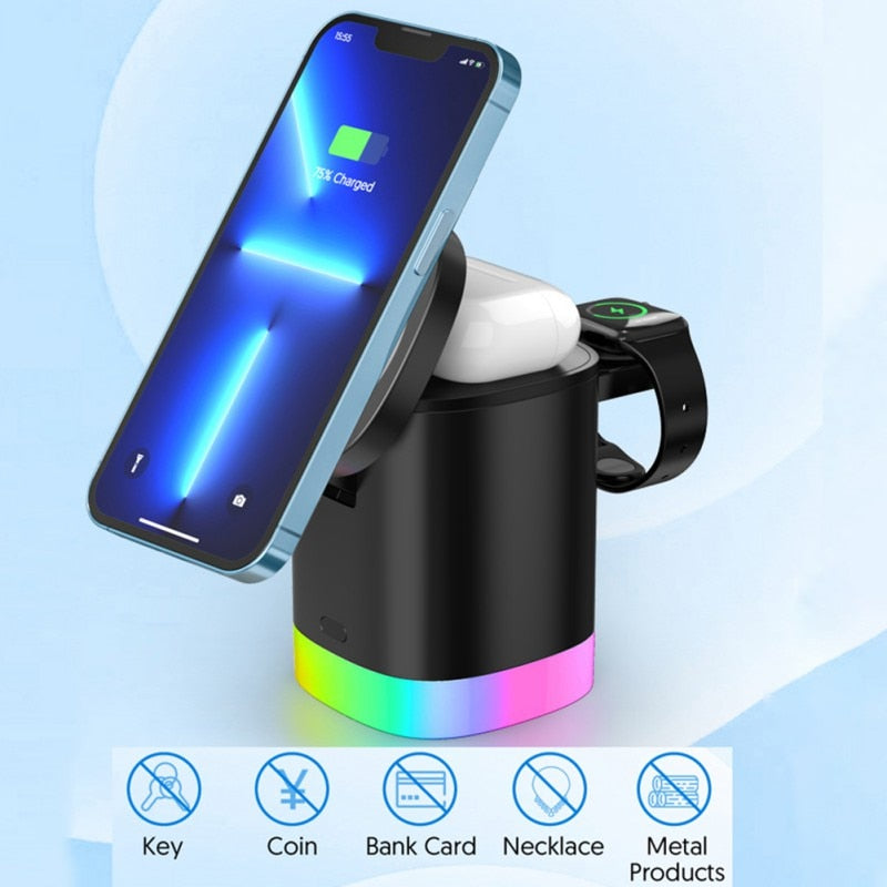 智能手机 RGB 环境光充电站 3 合 1 磁性无线快速充电器适用于 Airpods IWatch