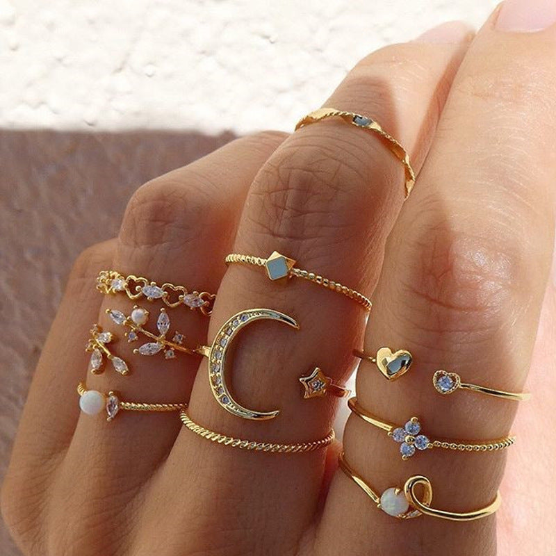 Anello da 10 pezzi Bohemian Fashion Star Moon Love Pearl Leaf