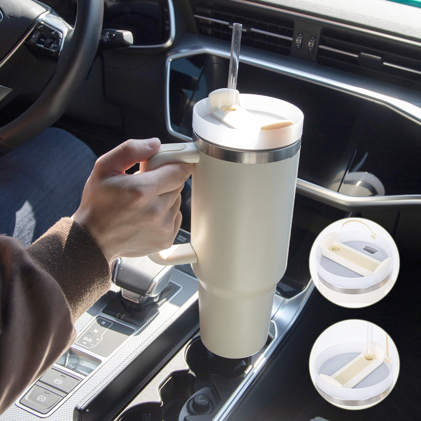 Tazza isolante per caffè in paglia da 40 once con manico Bottiglia d'acqua portatile in acciaio inossidabile per auto Grande capacità Tazza termica da viaggio senza BPA
