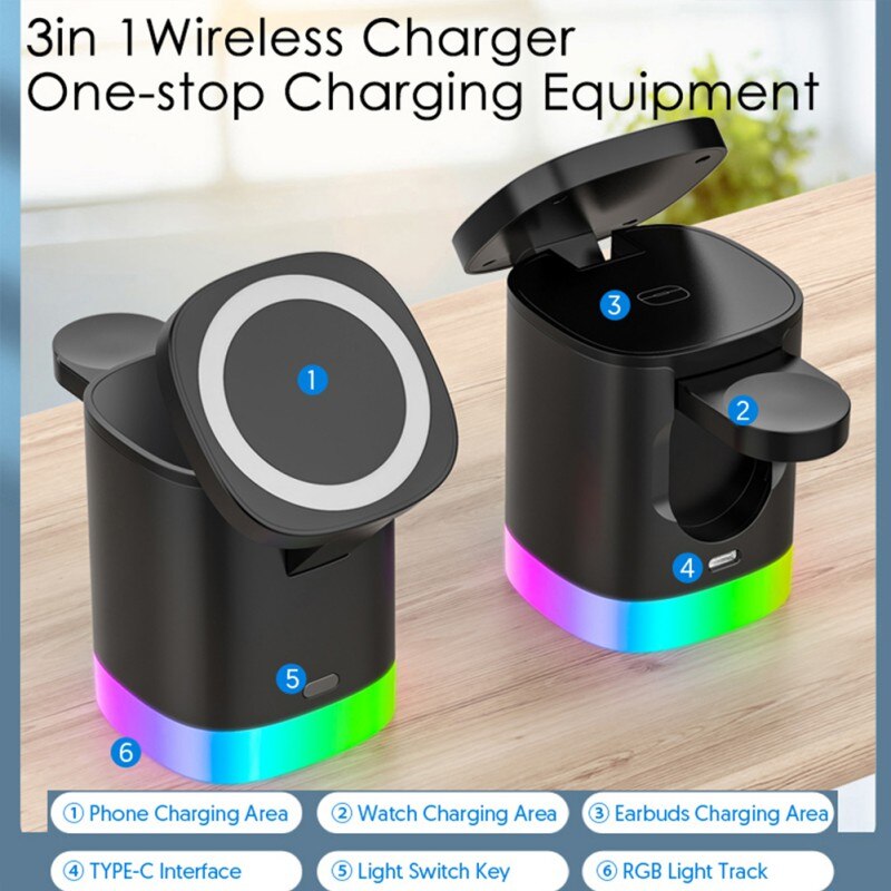 智能手机 RGB 环境光充电站 3 合 1 磁性无线快速充电器适用于 Airpods IWatch